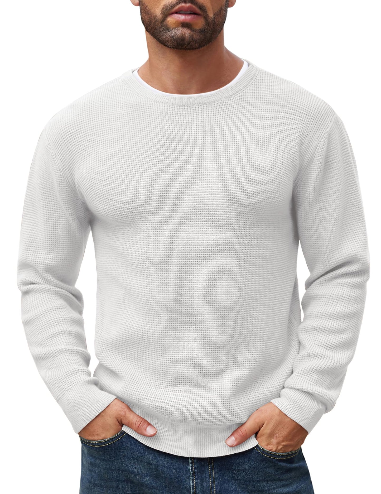 COOFANDY Mens Waffle Knit Sweater Casual Crewneck Heavy Pullover Sweater White XX-Large
