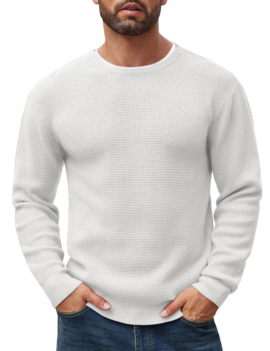 COOFANDY Mens Waffle Knit Sweater Casual Crewneck Heavy Pullover Sweater White XX-Large