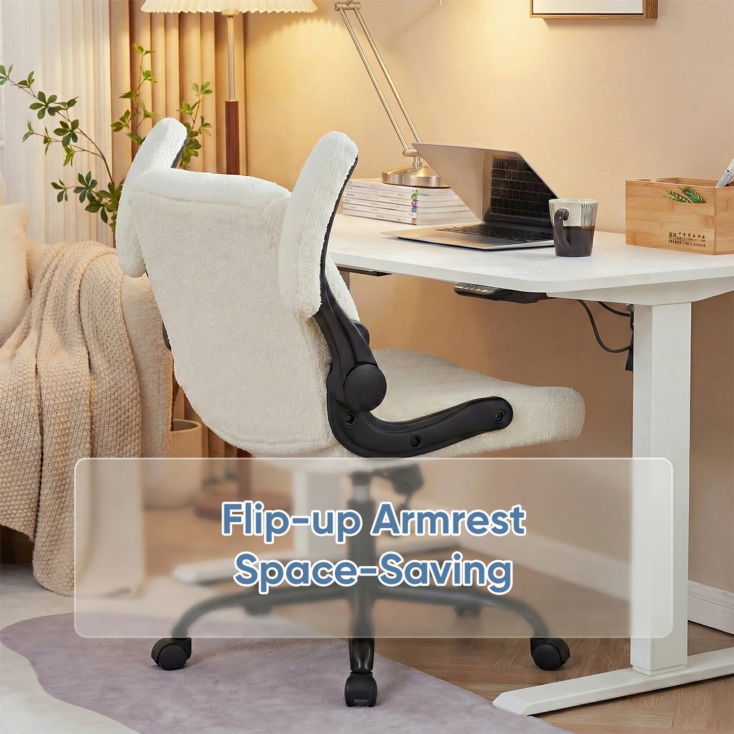 JHK Criss Cross Office Chair with Flip-Arms Wide Cross Legged Desk Vanity Chair Comfy Fabric Adjustable Swivel Chairs for Home