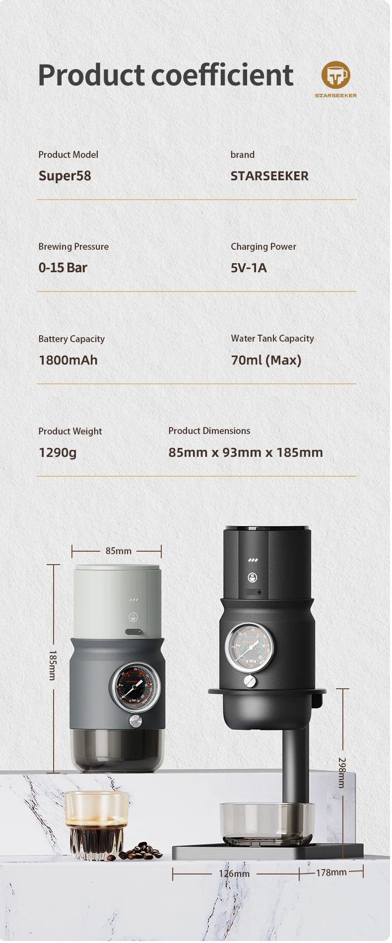 STARSEEKER Super58 Portable Electric Espresso Machine Travel Coffee Maker For Camping Car Coffee Maker With USB-C Bracket Tamper